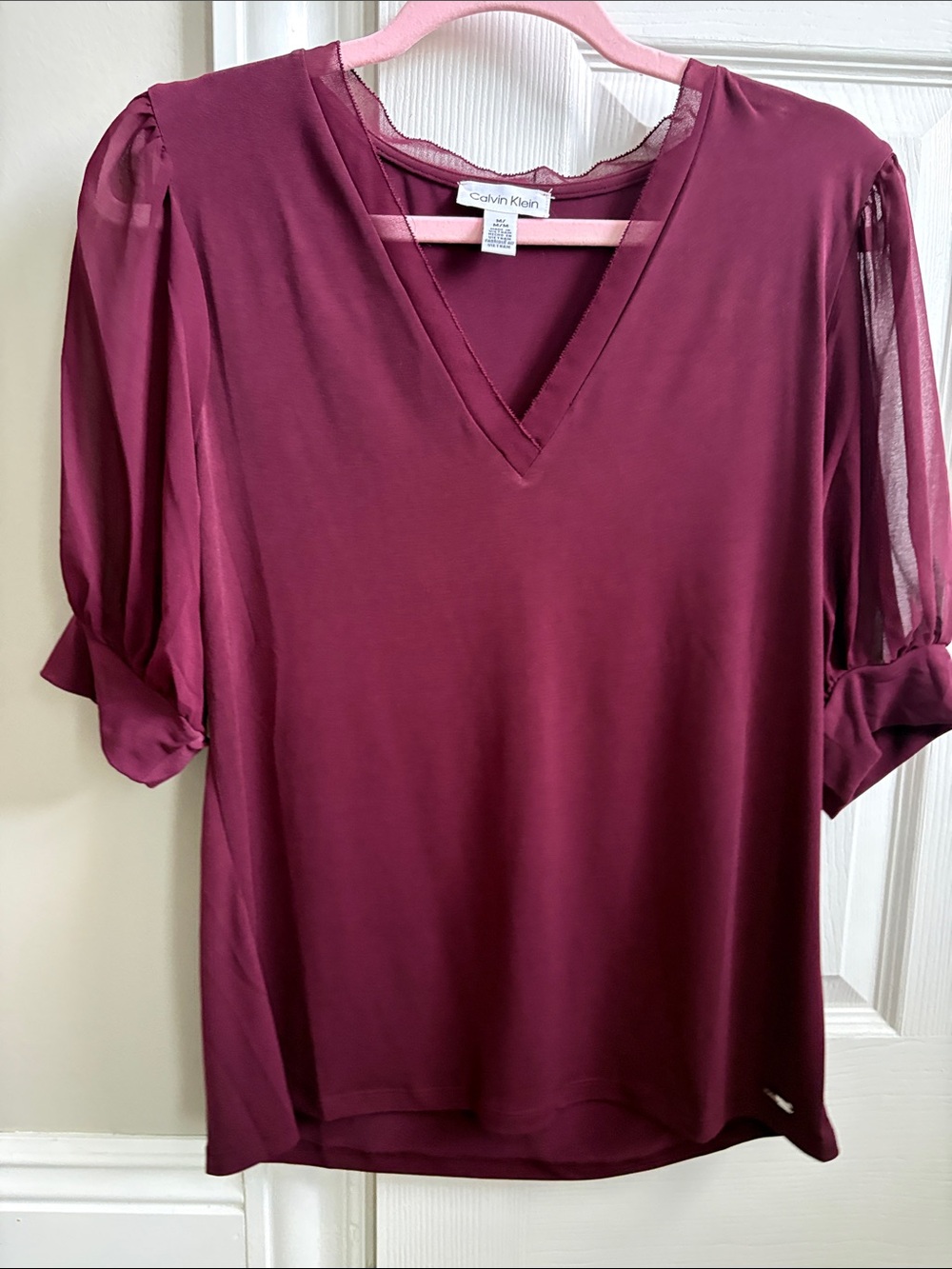 Calvin Klein V-Neck Sheer-Sleeve Blouse in Wine